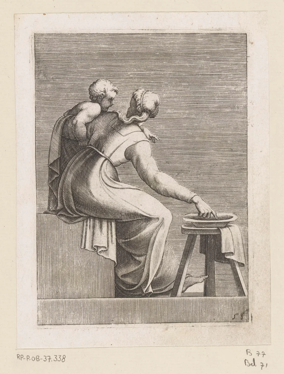 Jonge vrouw met kind en een schaal by Unknown, print, 1585