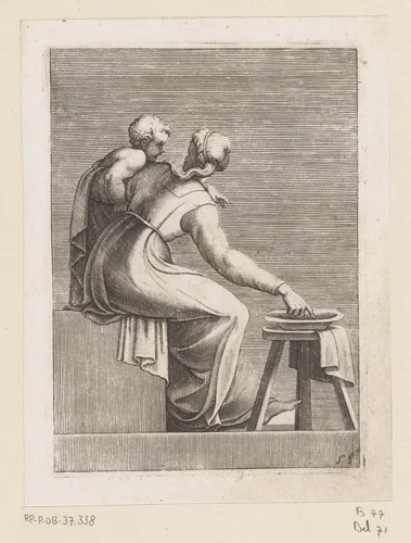 Jonge vrouw met kind en een schaal by Unknown, print, 1585