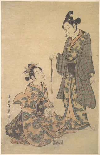 Woman Seated Holding a Cat by Torii Kiyohiro, print, 1745-1765