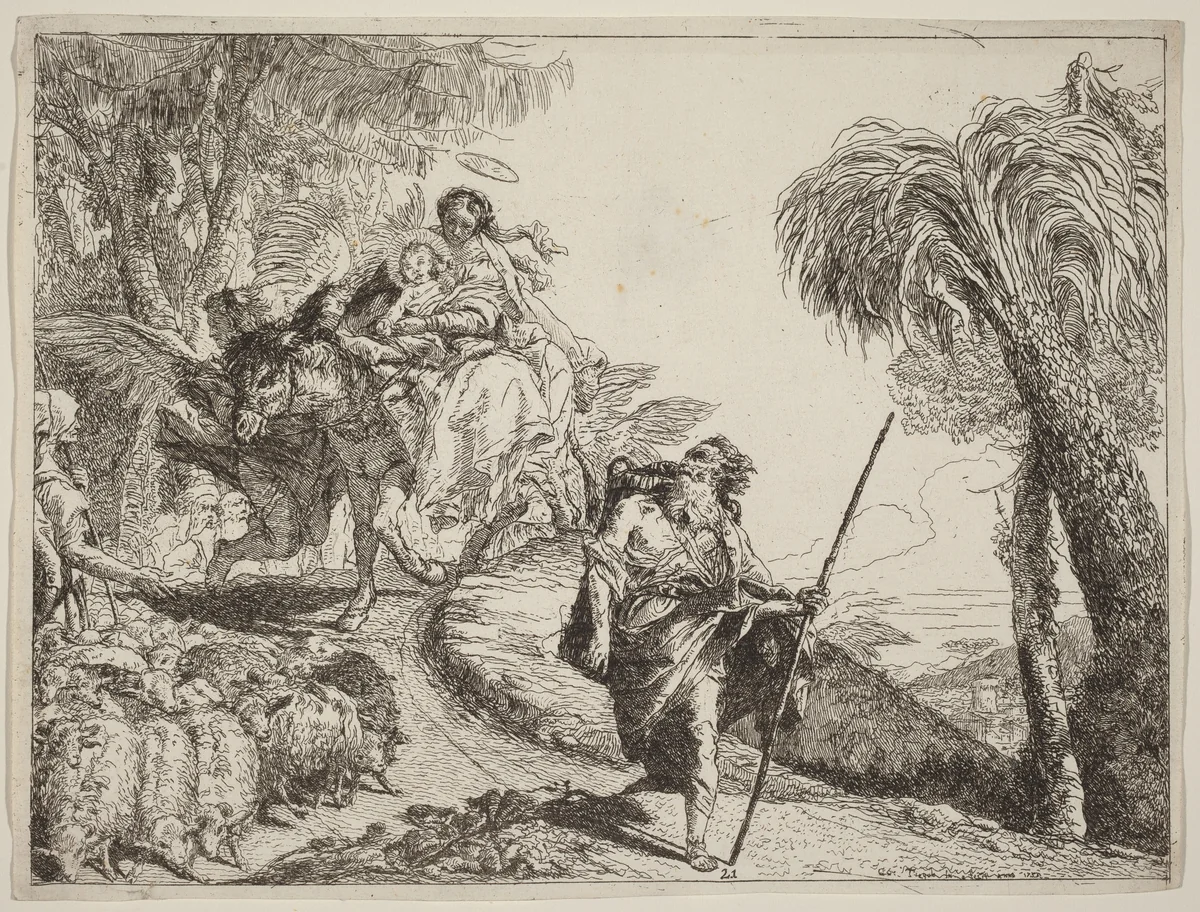 The Flight with Joseph in the Foreground by Giovanni Domenico Tiepolo, print, 1753