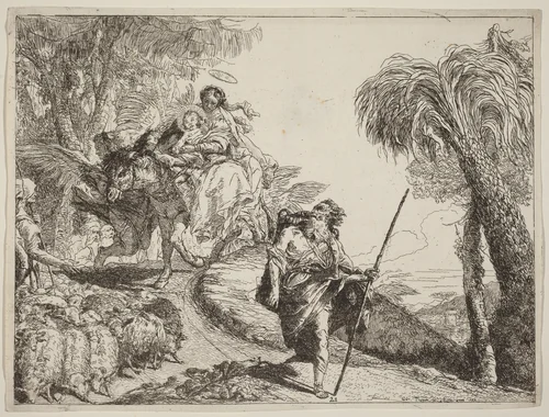 The Flight with Joseph in the Foreground by Giovanni Domenico Tiepolo, print, 1753