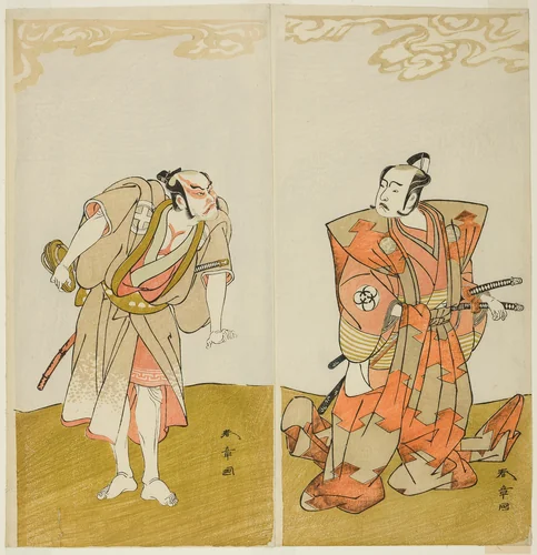 The Actors Bando Mitsugoro I as Hata no Kawakatsu (right), and Otani Hiroemon III as the Manservant (Yakko) Gansuke (left), in the Play Miya-bashira Iwao no Butai (Shrine Pillars on a Stone Base), Performed at the Morita Theater from the Fifteenth Day of the Seventh Month, 1773 by Katsukawa Shunsho (勝川 春章), print, 1768-1778