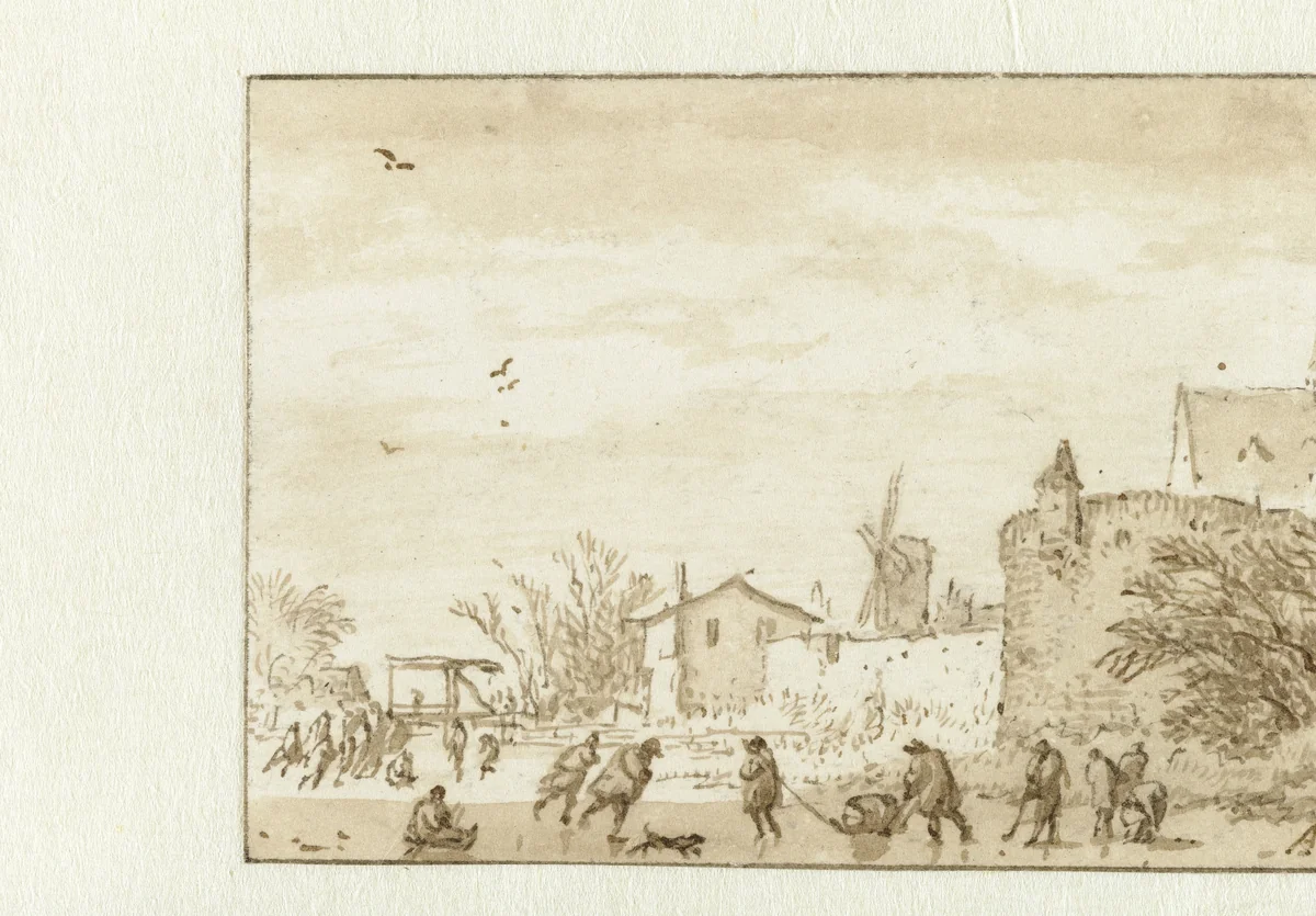 Winterlandschap met ijsvermaak by Allaert van Everdingen, drawing, 1631-1675