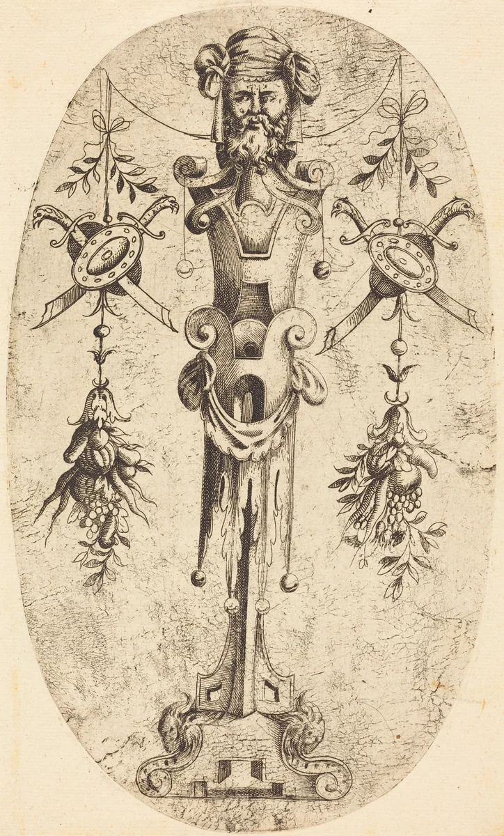 Bearded Head on a Pedestal by Jean Mignon, print, 1523-1603