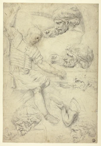 Sketches of Soldier, Heads, from Roman Relief (recto); Sketches of Male Nudes, from Roman Relief (verso) by Peter Paul Rubens, drawing, 1600-1699