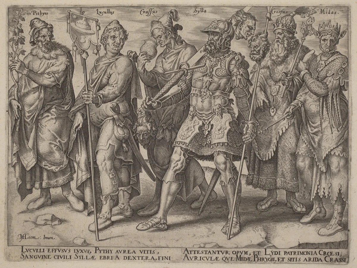 Notorious Examples of Wealth from Antiquity by Philip Galle, print, 1563