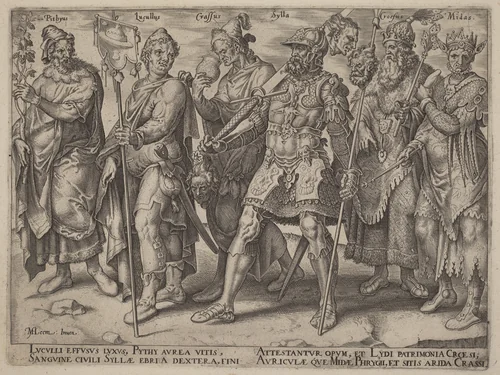 Notorious Examples of Wealth from Antiquity by Philip Galle, print, 1563