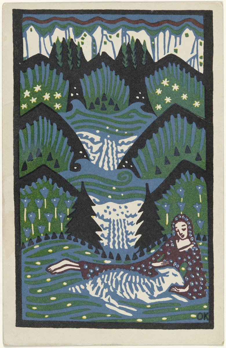 Girl with a Sheep in the Mountain Meadow (Mädchen mit Schaf auf Bergwiese) (postcard) by Oskar Kokoschka, print, 1907