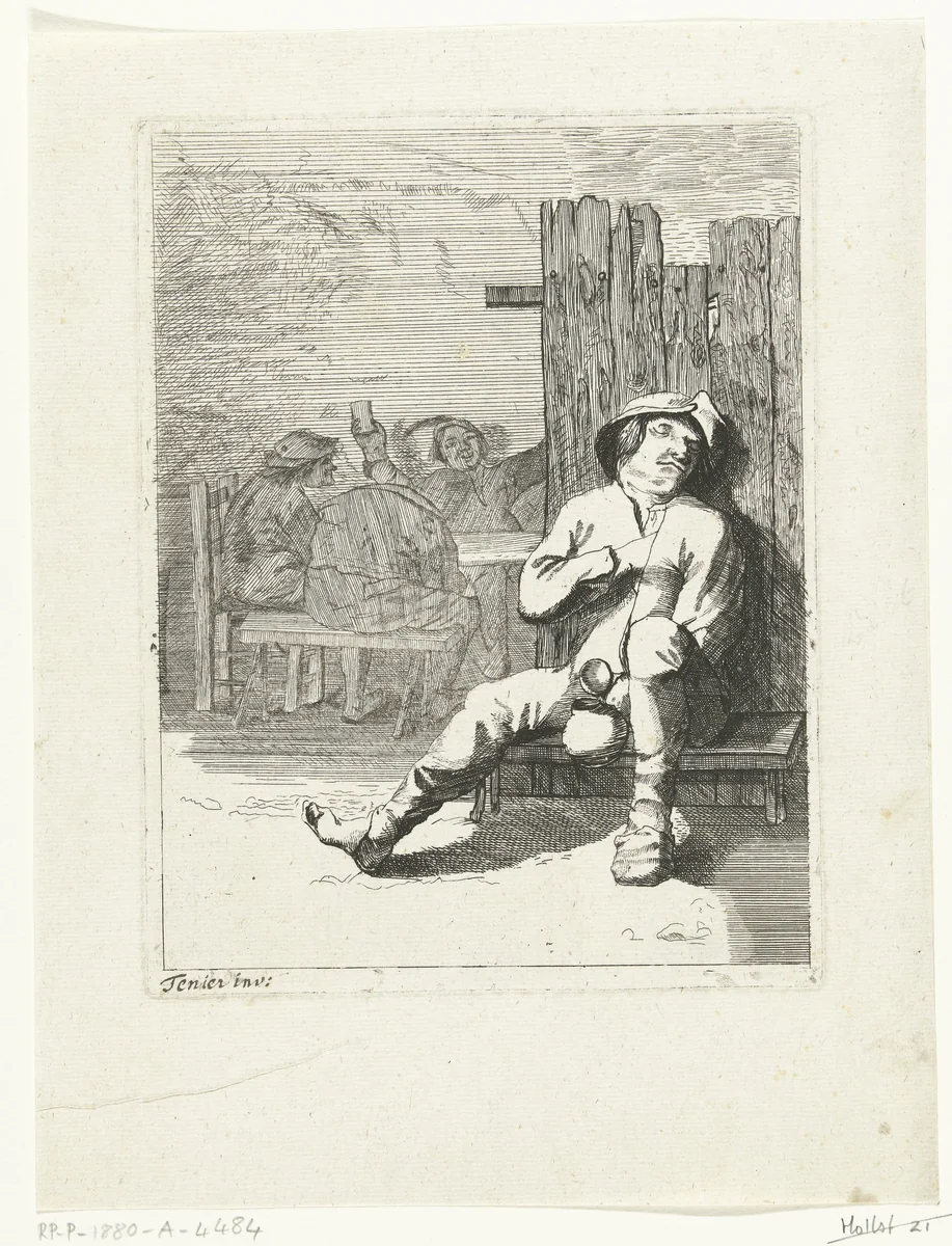 Slapende boer, zittend op een bank by anonymous, print, 1620-1688