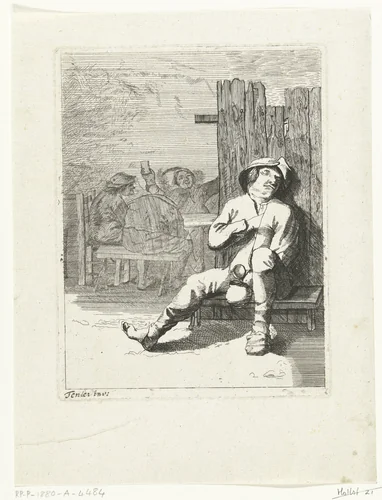 Slapende boer, zittend op een bank by anonymous, print, 1620-1688