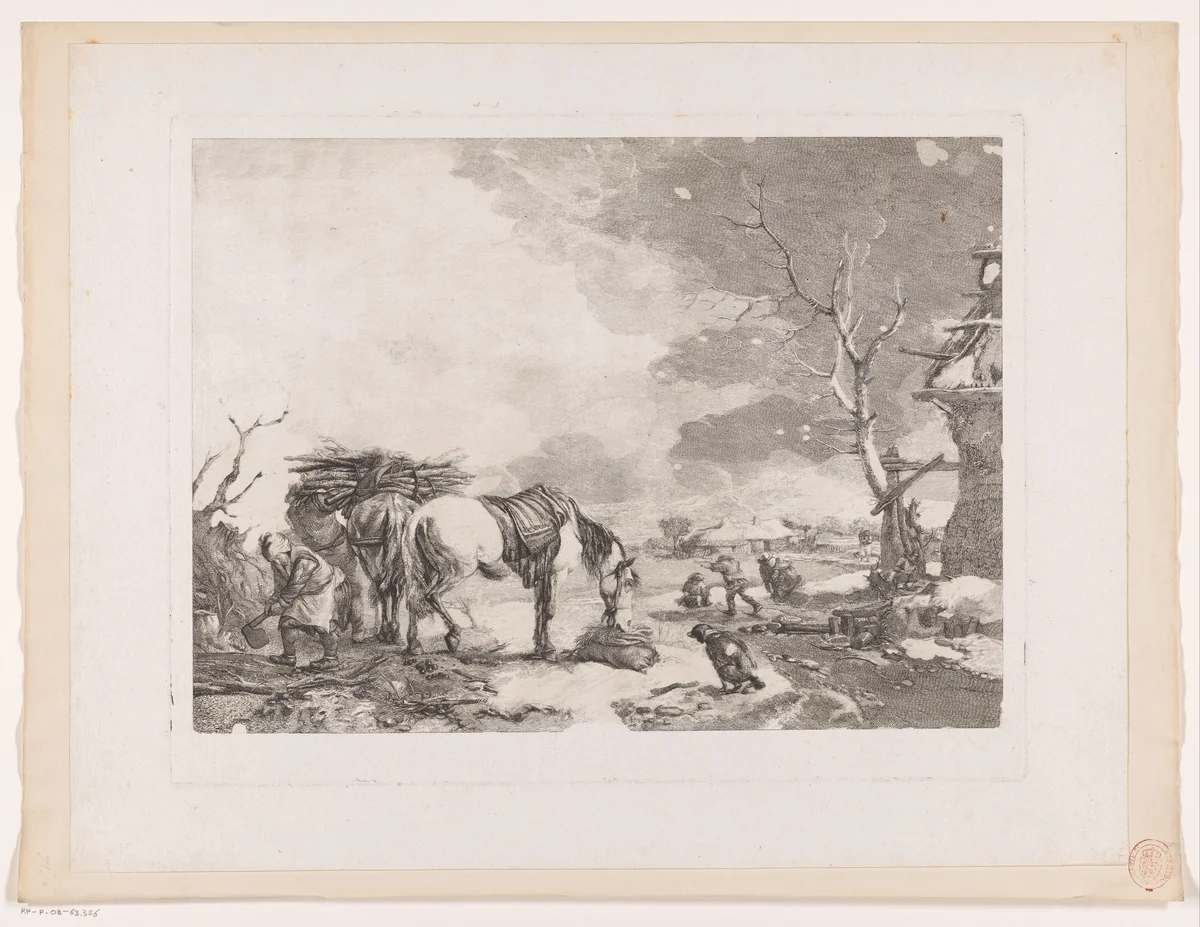 Houthakkers in een winterlandschap by Jean Moyreau, print, 1754