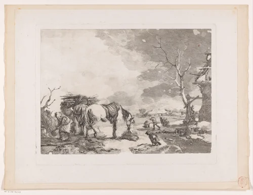 Houthakkers in een winterlandschap by Jean Moyreau, print, 1754