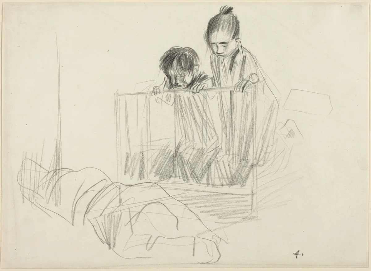 Children Looking over the Edge of a Crib by Jean-Louis Forain, drawing, 1852-1931