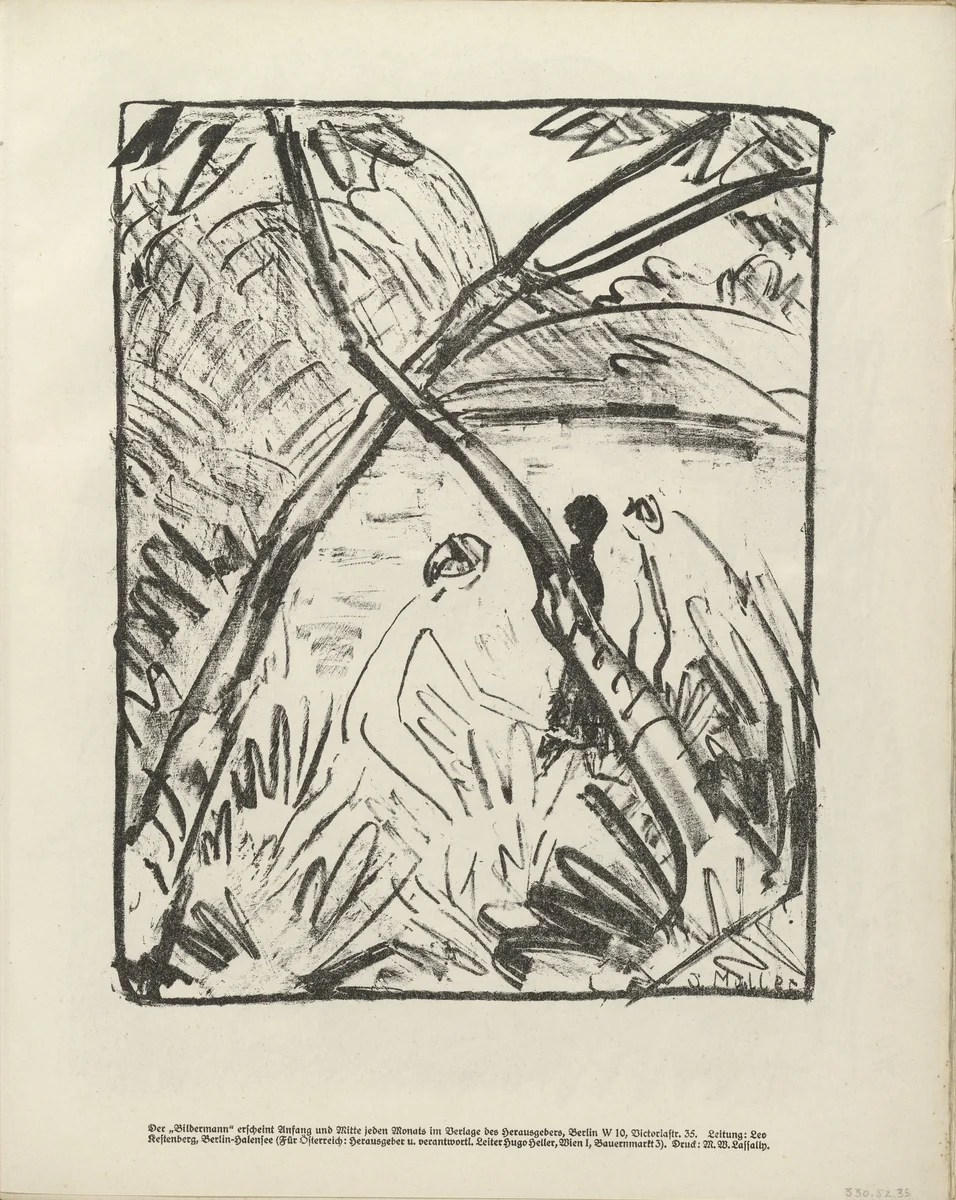 Three Figures and Crossed Tree Trunks (Drei Figuren und gekreuzte Stämme) (plate, folio 19) from the periodical Der Bildermann, vol. 1, no. 9 (Aug 1916) by Otto Mueller, periodical, 1916