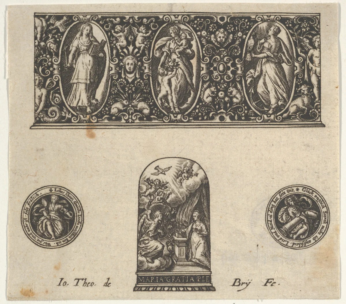 Horizontal Panel with Design for a Thimble with the Annuciation Below a Frieze with Three Figures in Ovals by Johann Theodor de Bry, print, 1580-1600