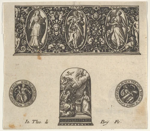 Horizontal Panel with Design for a Thimble with the Annuciation Below a Frieze with Three Figures in Ovals by Johann Theodor de Bry, print, 1580-1600