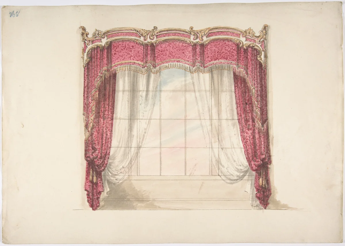 Design for Red Curtains with Gold Fringes and a Gold, Red and White Pediment by anonymous, drawing, 1800-1850