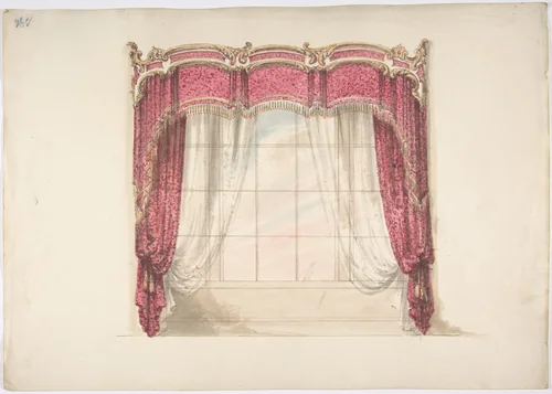 Design for Red Curtains with Gold Fringes and a Gold, Red and White Pediment by anonymous, drawing, 1800-1850