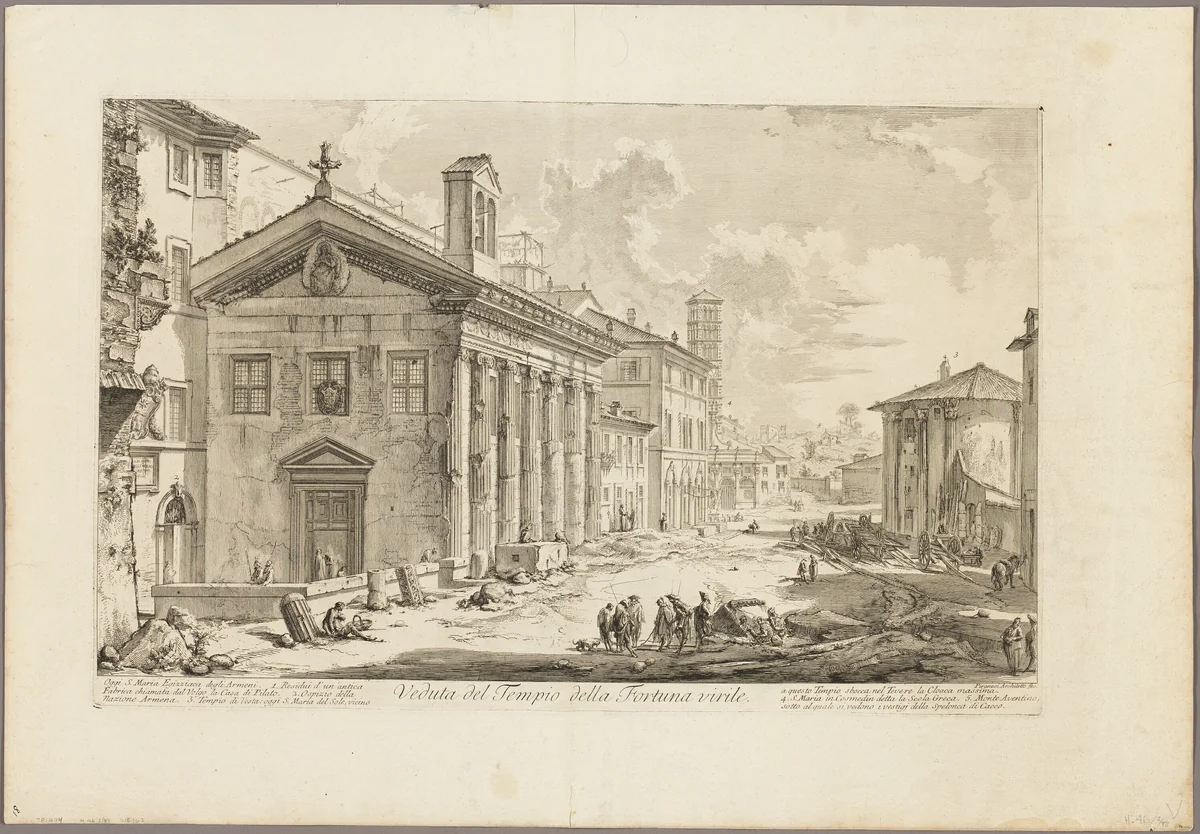 View of the Temple of Fortuna Virilis. Now the Armenian church of S. Maria Egizziaca, from Views of Rome by Giovanni Battista Piranesi, print, 1750-1759