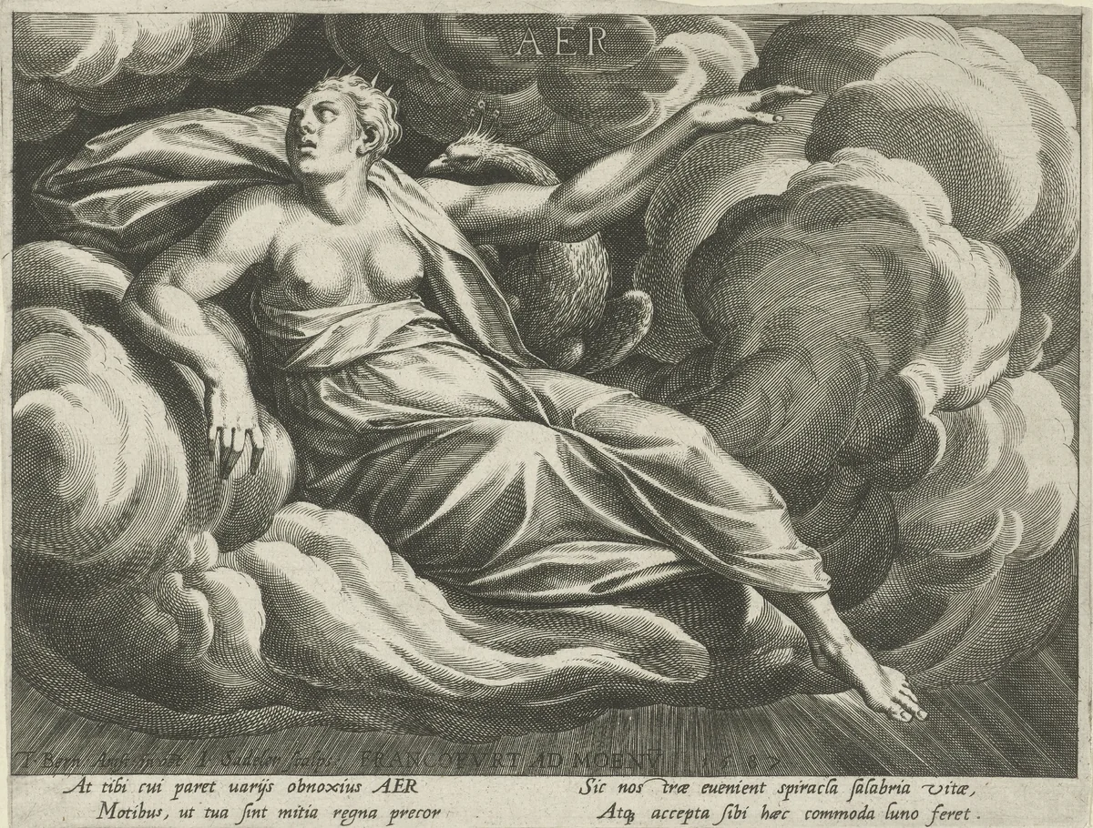 Lucht gepersonifieerd door de godin Juno by Unknown, print, 1587