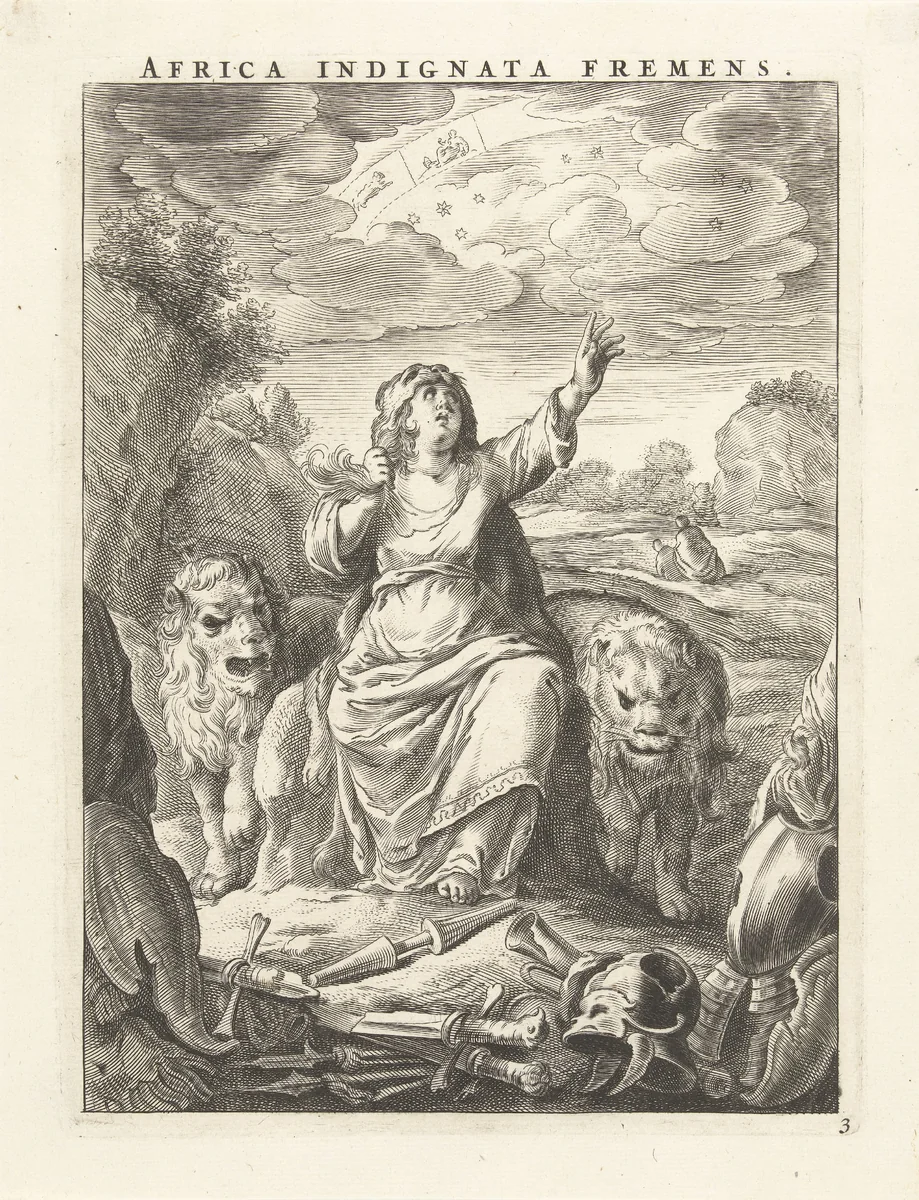 Vrouwelijke personificatie van werelddeel Afrika als vrouw met leeuwenvel zittend tussen leeuwen by Cornelis van Dalen, print, 1648-1664
