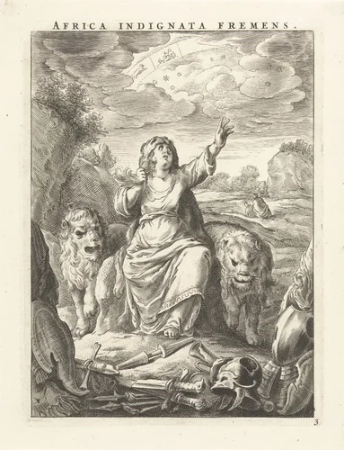 Vrouwelijke personificatie van werelddeel Afrika als vrouw met leeuwenvel zittend tussen leeuwen by Cornelis van Dalen, print, 1648-1664