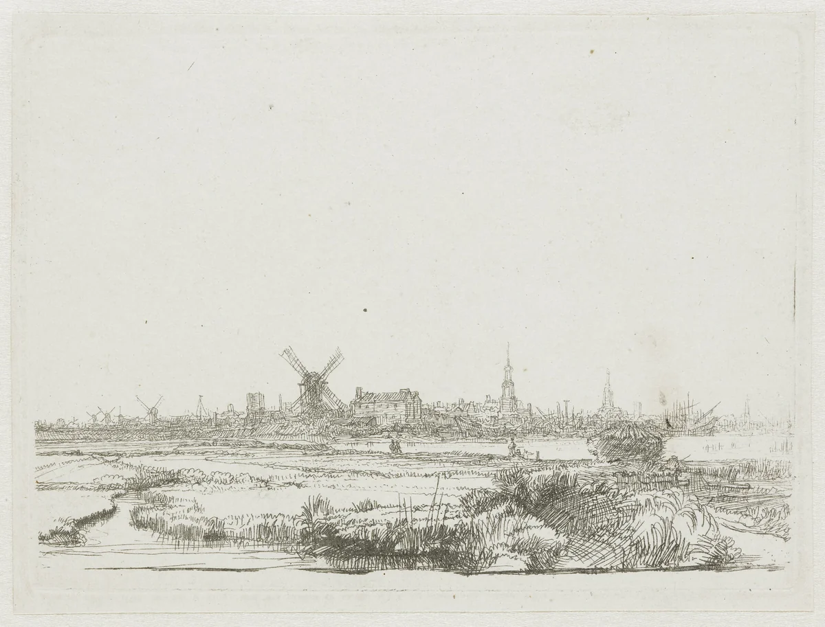 View of Amsterdam from the Kadijk by Rembrandt van Rijn, print, 1641