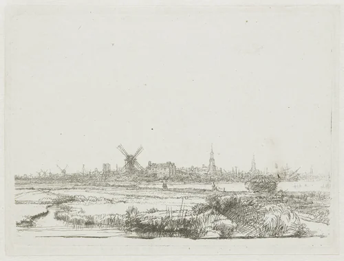 View of Amsterdam from the Kadijk by Rembrandt van Rijn, print, 1641