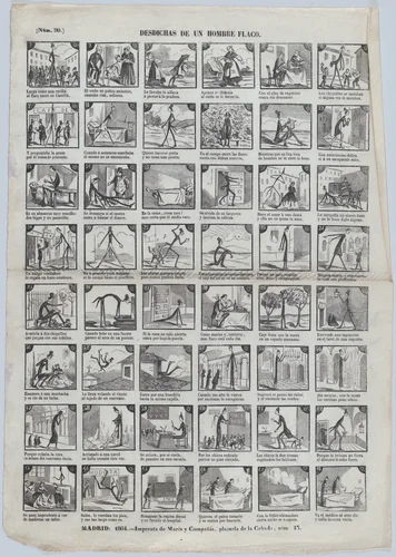 Broadside with 48 scenes depicting the misfortunes of a skinny man by José María Marés, print, 1864