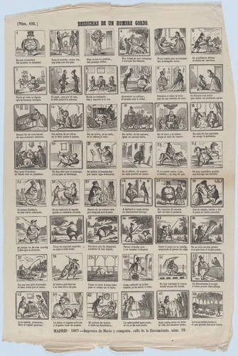 Broadside with 48 scenes illusrating the misfortunes of a fat man by José María Marés, print, 1867