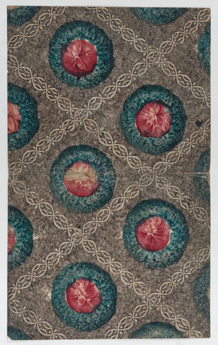 Book cover with circular designs and ornamental diagonal pattern by anonymous, print, 1800-1900