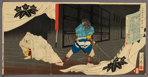 Tokimune (Soga Goro) Sneaking into Yoritomo's Residence (Tokimune Kamakura-dono no kariya o sawagasu) by Migita Toshihide, print, 1891