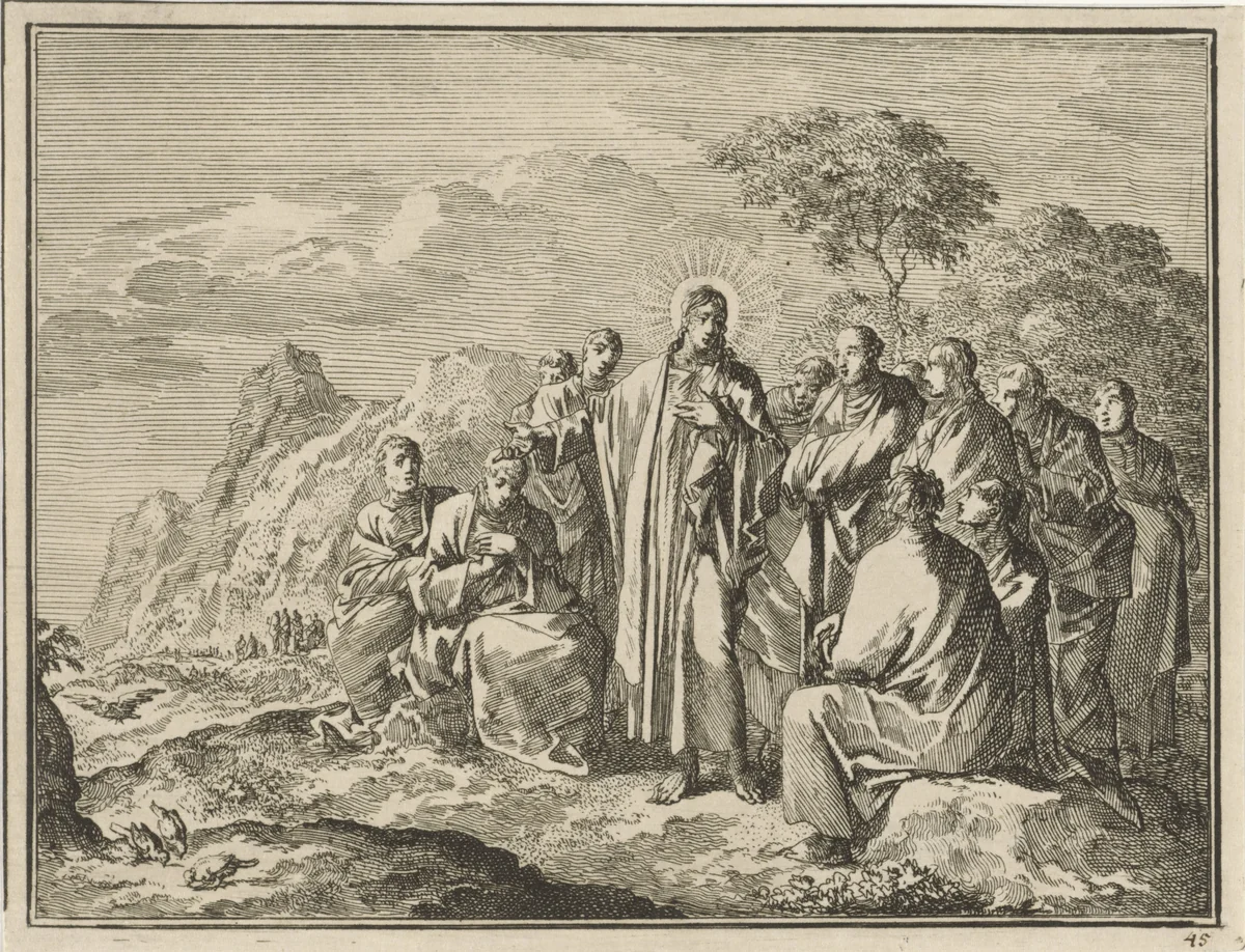 Christus wijst zijn discipelen op mussen by Jan Luyken, print, 1712