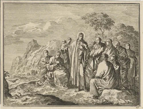 Christus wijst zijn discipelen op mussen by Jan Luyken, print, 1712
