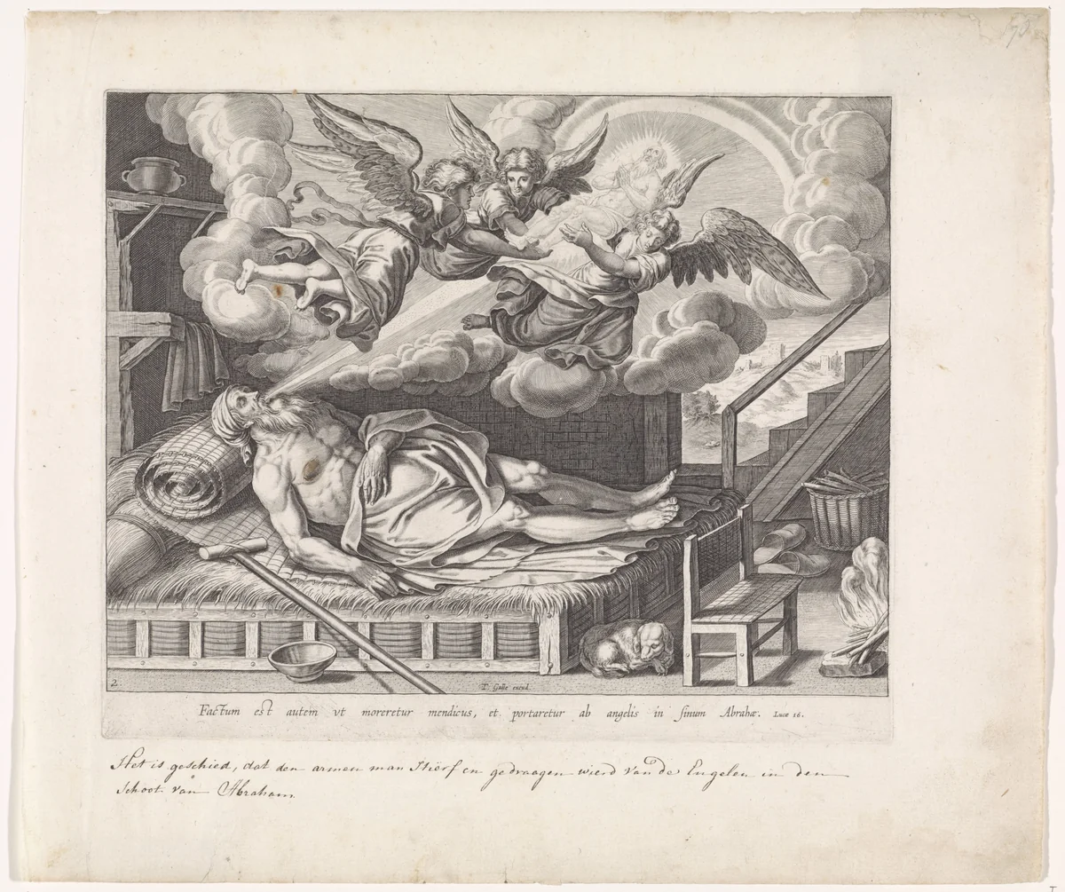 Sterfbed van de arme Lazarus by Unknown, print, 1581-1633