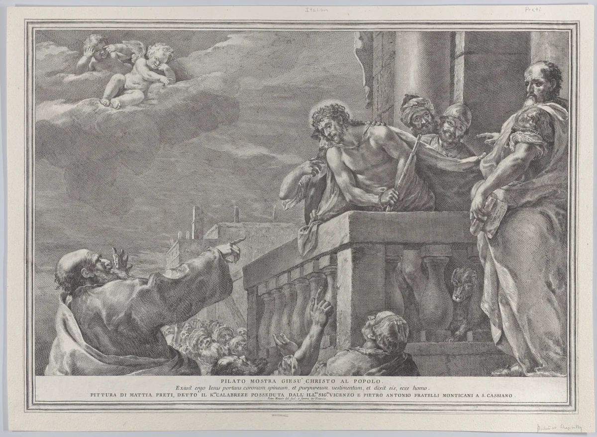 Christ on a balcony surrounded by guards, Pilate stands to the right gesturing toward him; from the series of 112 prints of the sacred history, after the painting by Mattia Preti by Pietro Monaco, print, 1725-1744