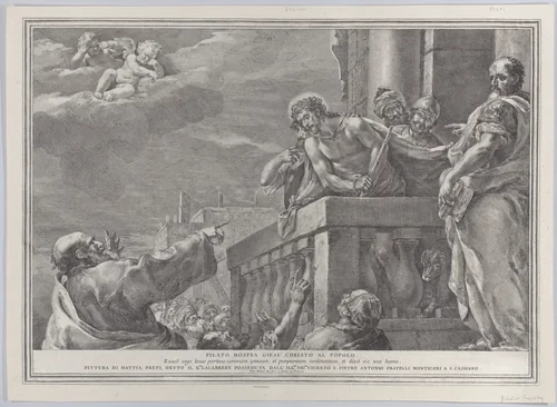 Christ on a balcony surrounded by guards, Pilate stands to the right gesturing toward him; from the series of 112 prints of the sacred history, after the painting by Mattia Preti by Pietro Monaco, print, 1725-1744