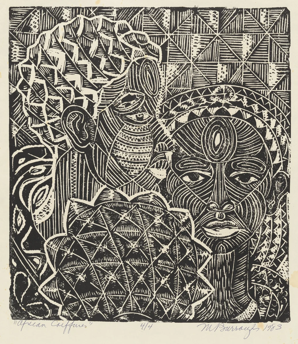 African Coiffures by Margaret Burroughs, print, 1983