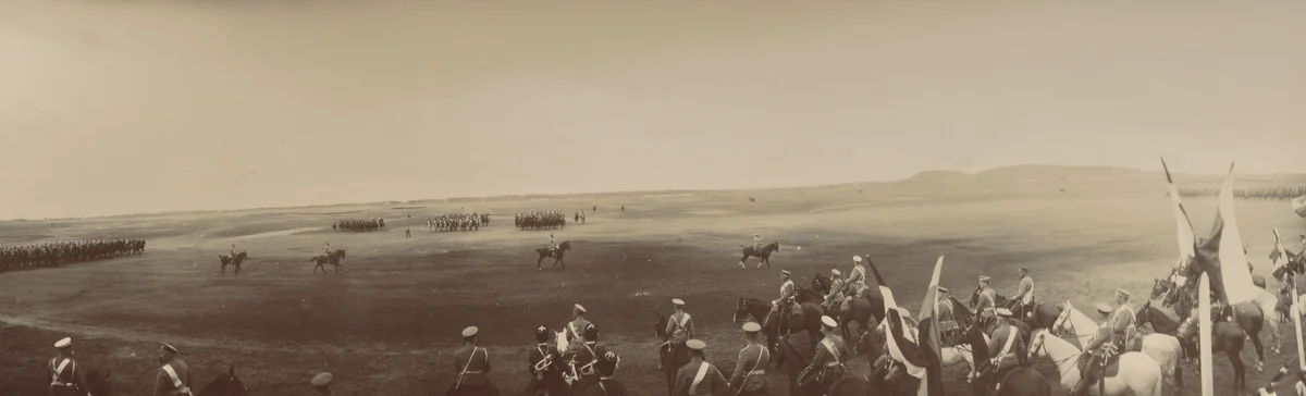 Emperor Nicholas II Reviews A Horse Parade of the Nicholas Military Cavalry Scholl and, In Profile, Grand Duke Nicholas Nikolaevich, Krasnoe Selo by Unidentified Photographer, photograph, 1909