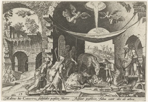 Aanbidding door de herders by Philips Galle, print, 1569