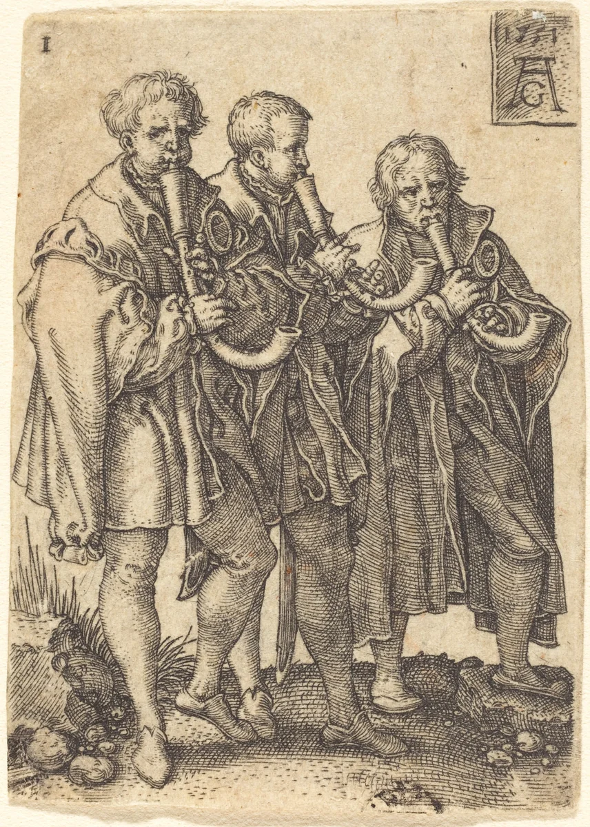 Three Musicians by Heinrich Aldegrever, print, 1551