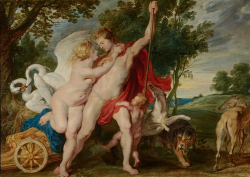 Venus Trying to Restrain Adonis from Departing for the Hunt by Peter Paul Rubens, painting, 1600