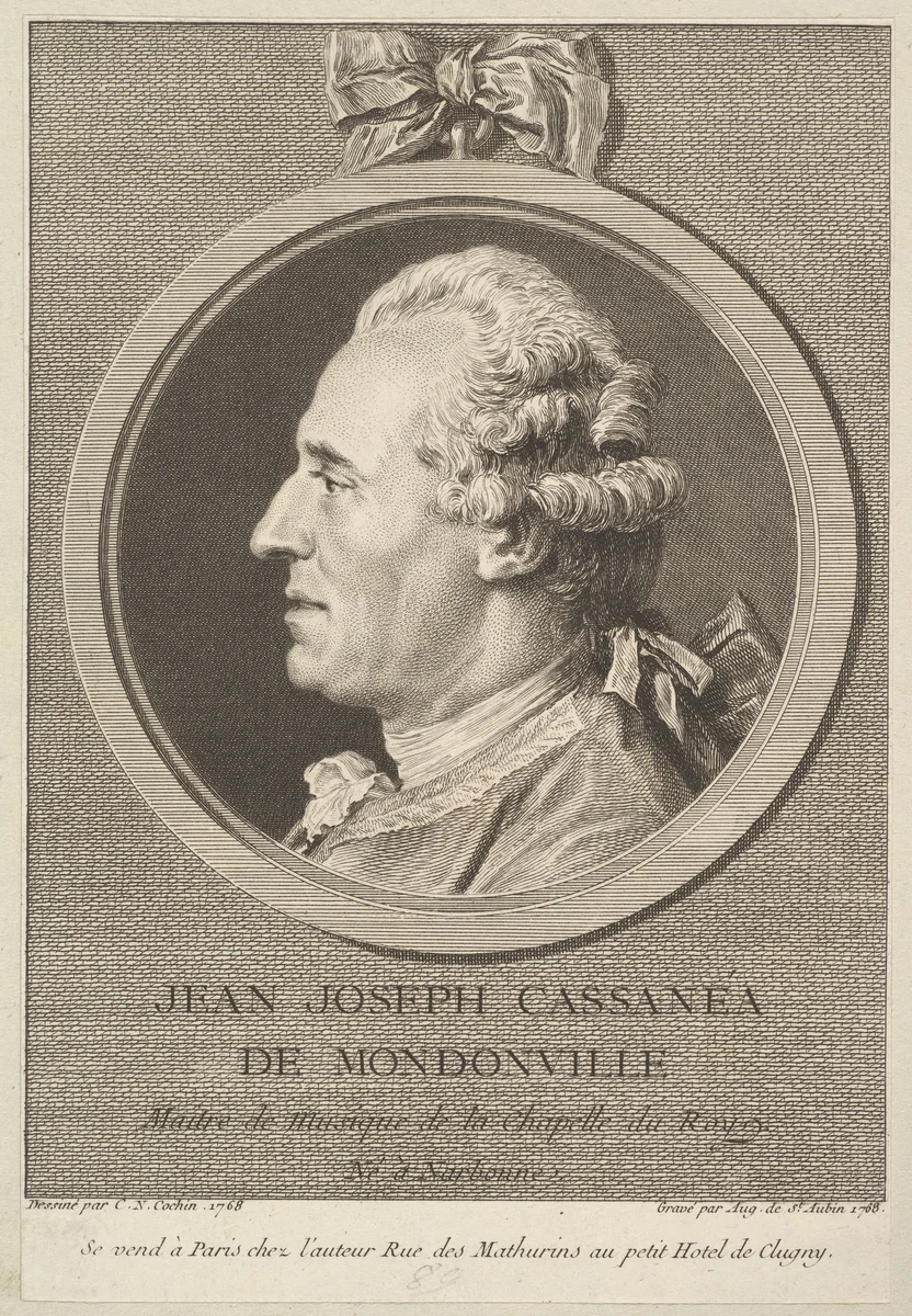 Portrait of Jean-Joseph Cassanea de Mondonville by Augustin de Saint-Aubin, print, 1768