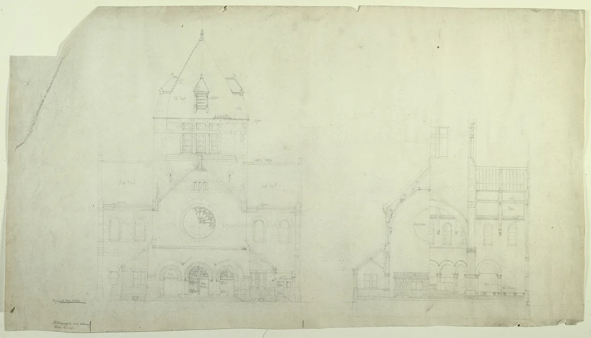 Saint Gabriel's Church, Chicago, Illinois, Elevation and Section by Burnham and Root
John Wellborn Root, drawing, 1881-1891