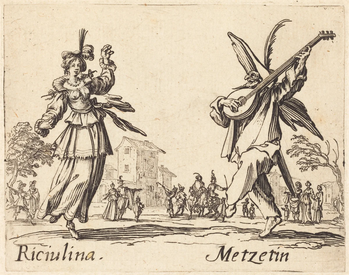 Riciulina and Metzetin by Jacques Callot, print, 1622