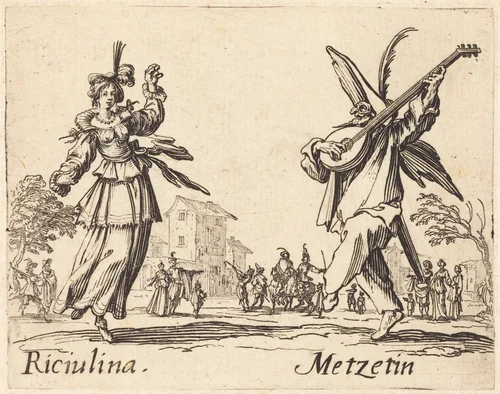 Riciulina and Metzetin by Jacques Callot, print, 1622
