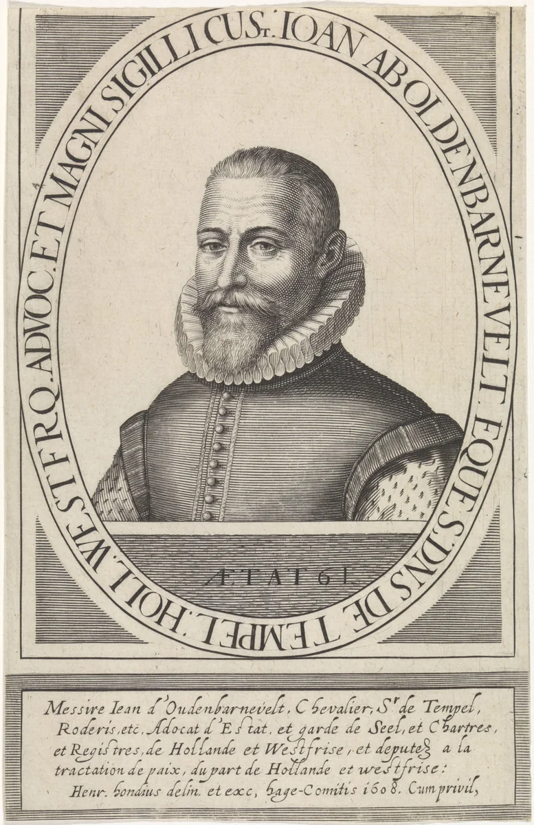 Portret van Johan van Oldenbarnevelt by Hendrick Hondius, print, 1608