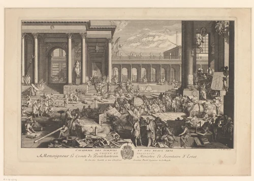 Verschillende disciplines in de Académie des sciences et des beaux arts by anonymous, print, 1698