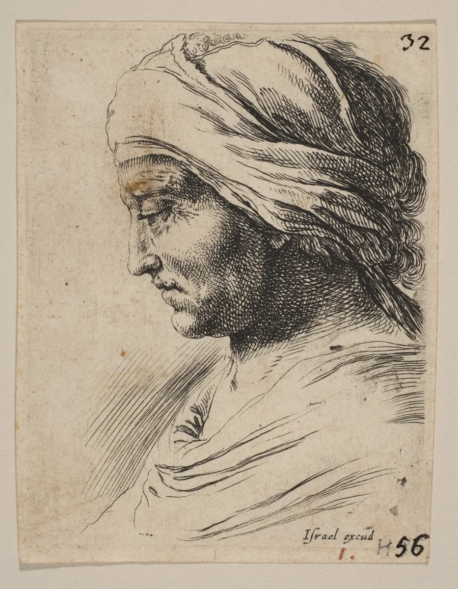 Plate 16: head of an old man in profile with a cloth tied around his head, from 'The Book for Learning to Draw' (Livre pour apprendre à dessiner) by Stefano della Bella, print, 1644-1654
