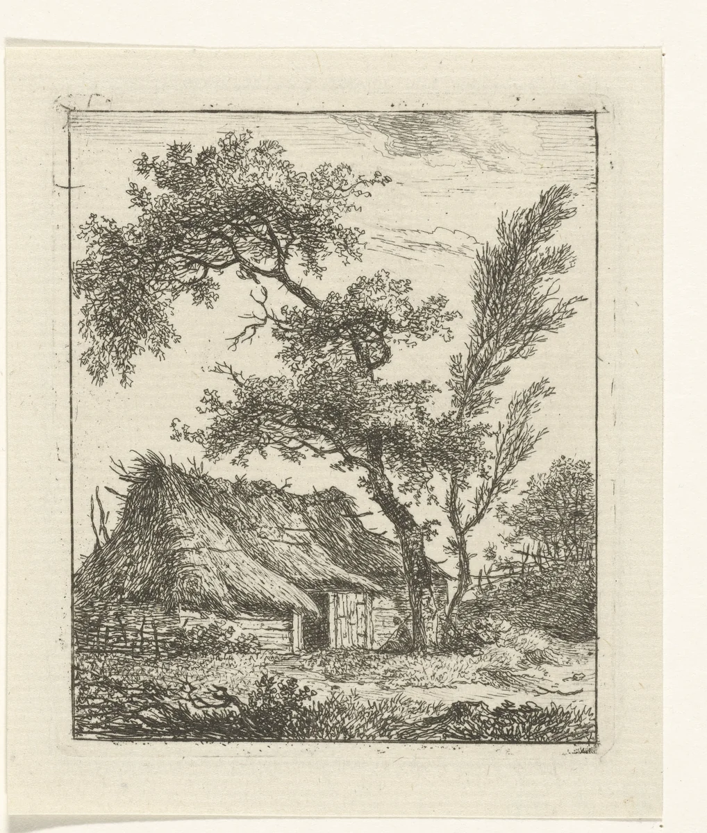 Boerderij met rieten dak en twee bomen by Hermanus Fock, print, 1781-1822